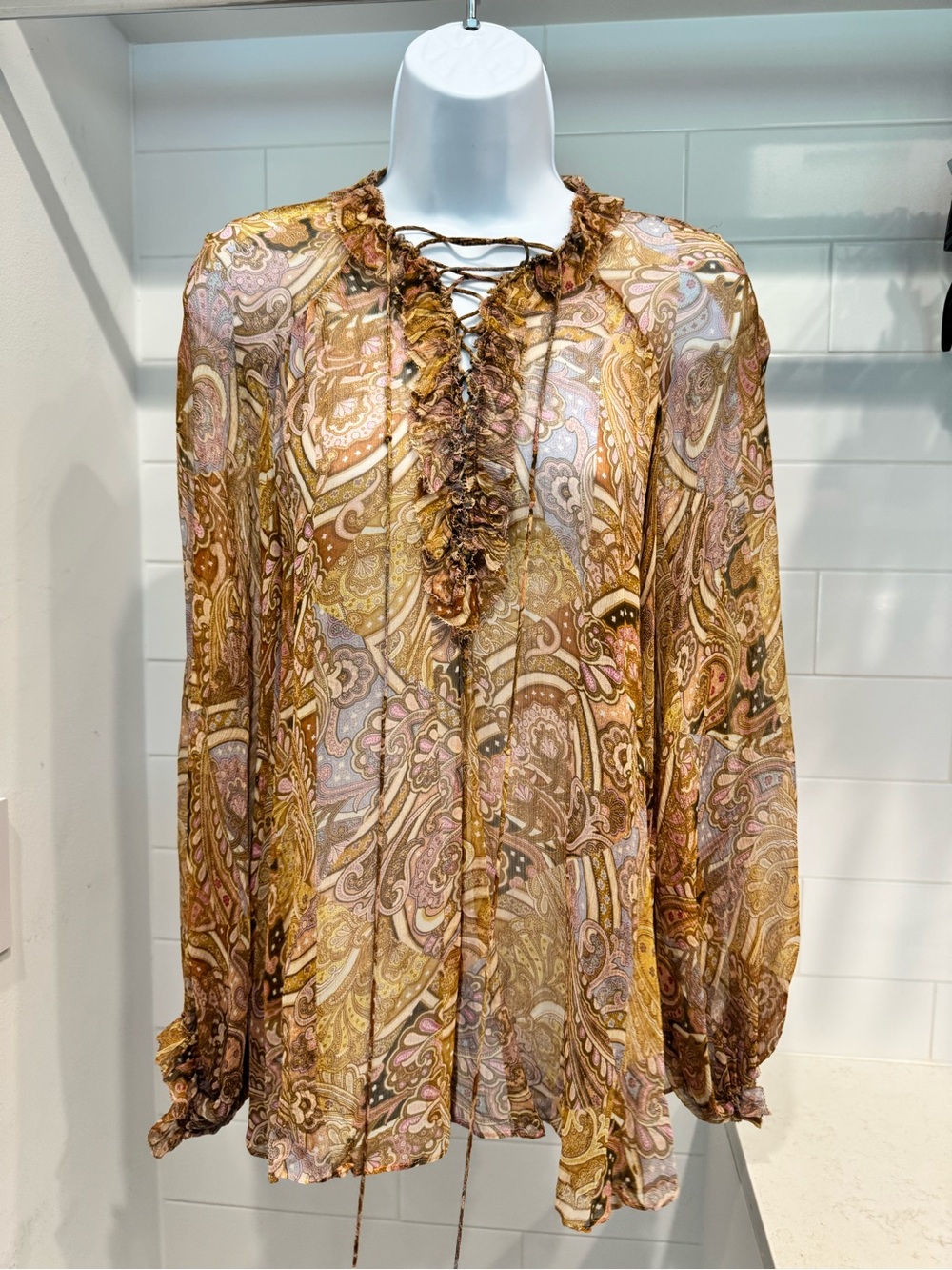 Zimmermann Paisley Lace-Up Ruffle Blouse in Gold and Pink
